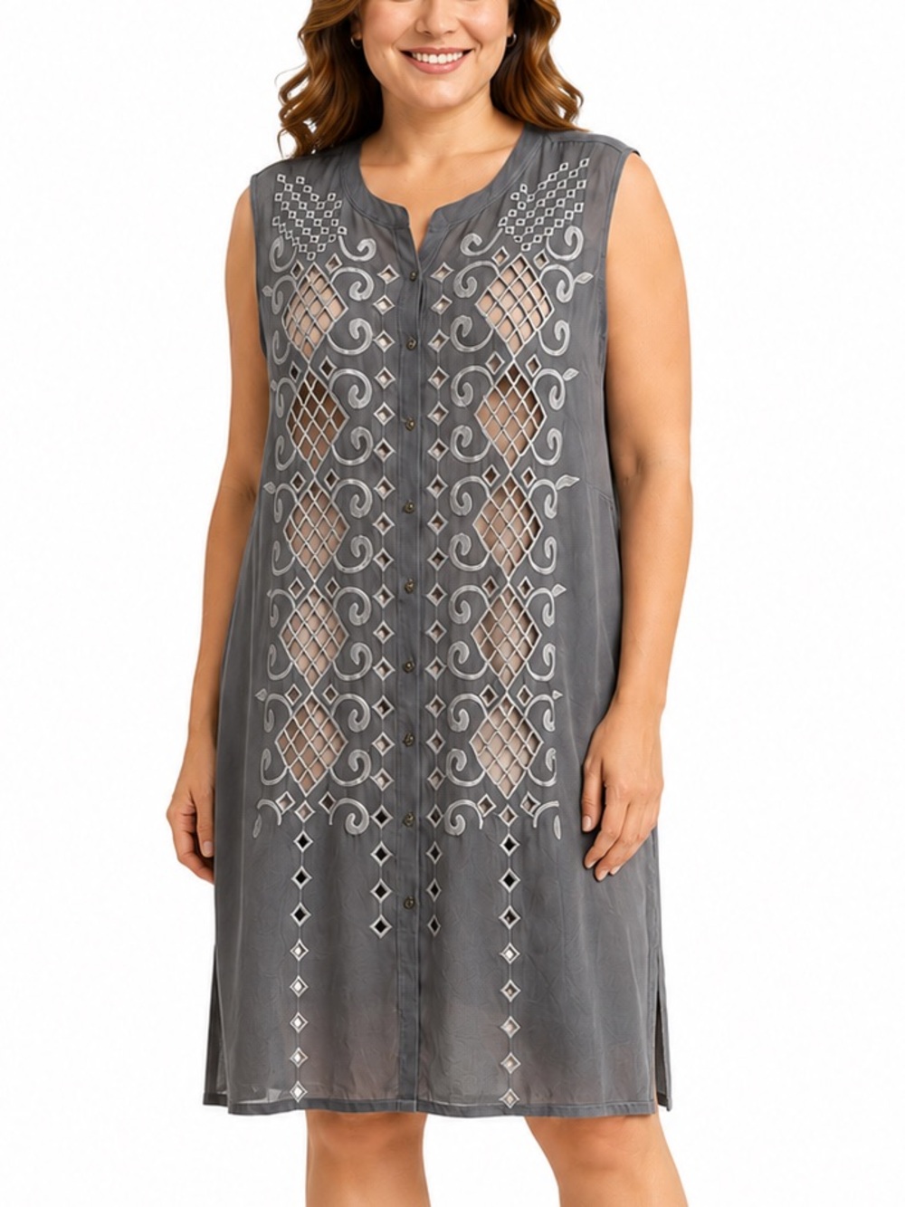 Johnny Was Silk Tunic Dress 2X Gray Embroidered Openwork Button Front Cover Up